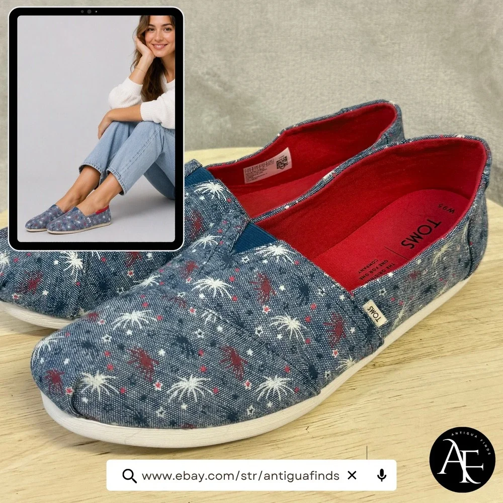 TOMS Womens 9.5 Blue Firework Patriotic Fourth of July Alpargata Slip On Shoes